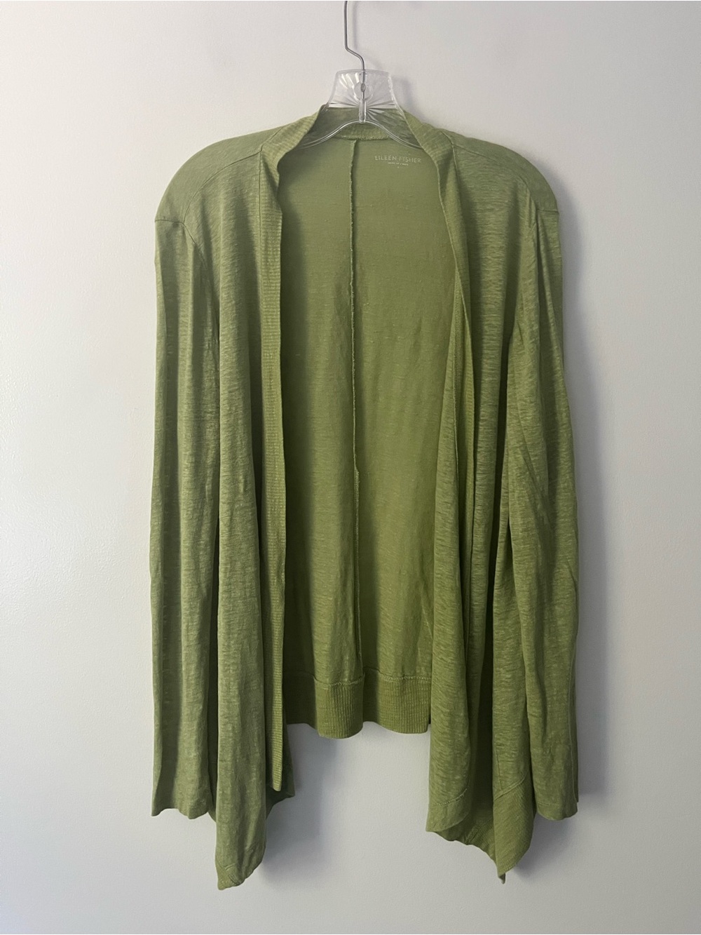Eileen Fisher 100% Linen Lightweight Open Layering Cardigan Sweater Green Large